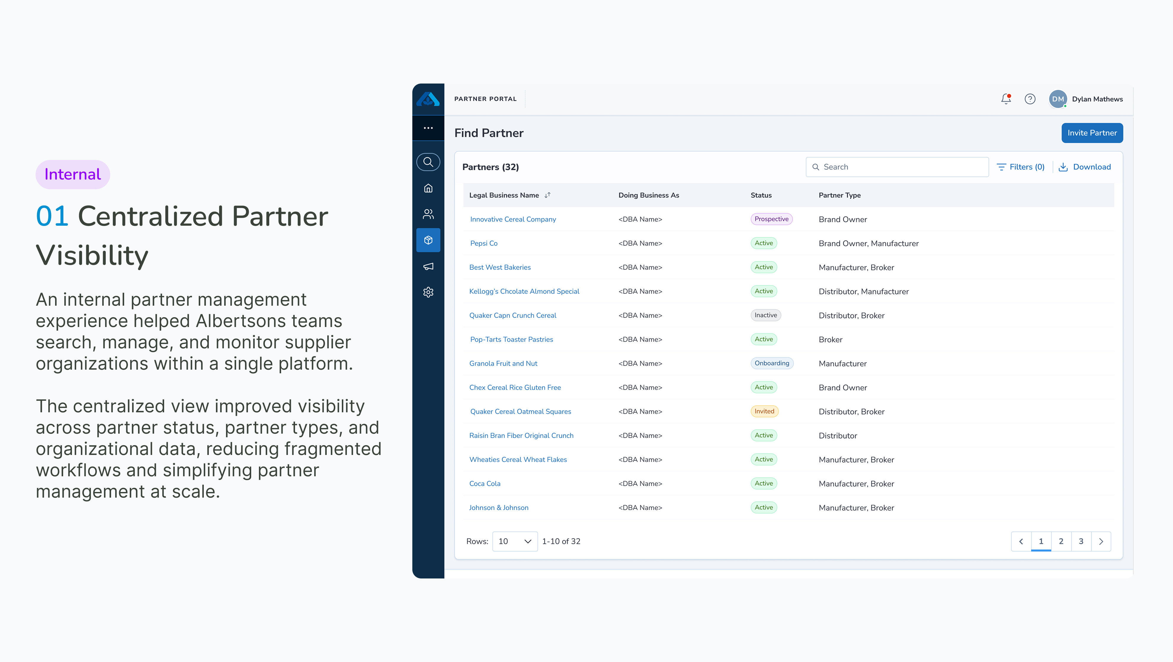 01 Centralized Partner Visibility — internal partner management dashboard with searchable, filterable list of supplier organizations across status, partner types, and organizational data.