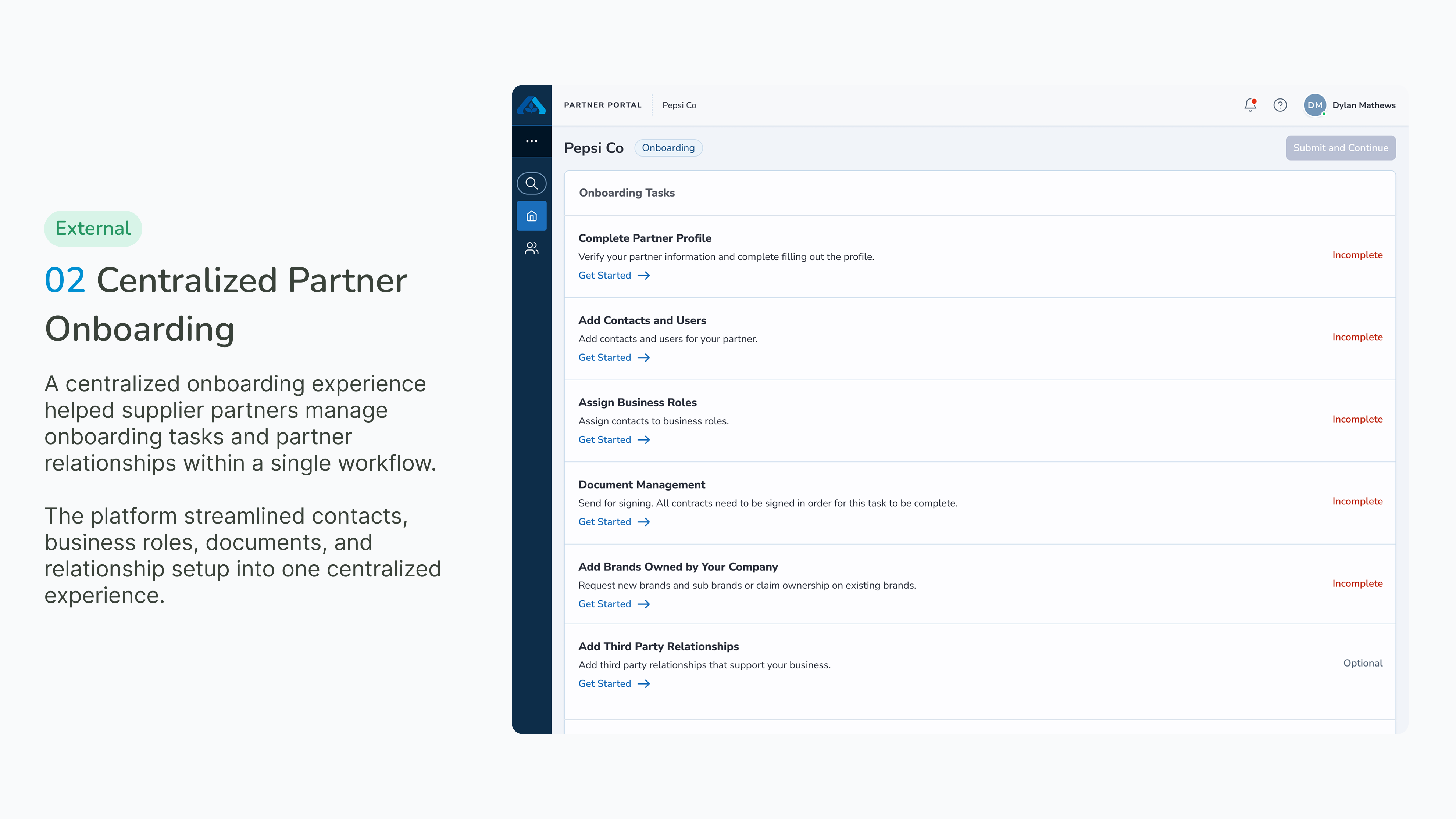 02 Centralized Partner Onboarding — external partner onboarding tasks list including partner profile, contacts, business roles, document management, brands, and third-party relationships.