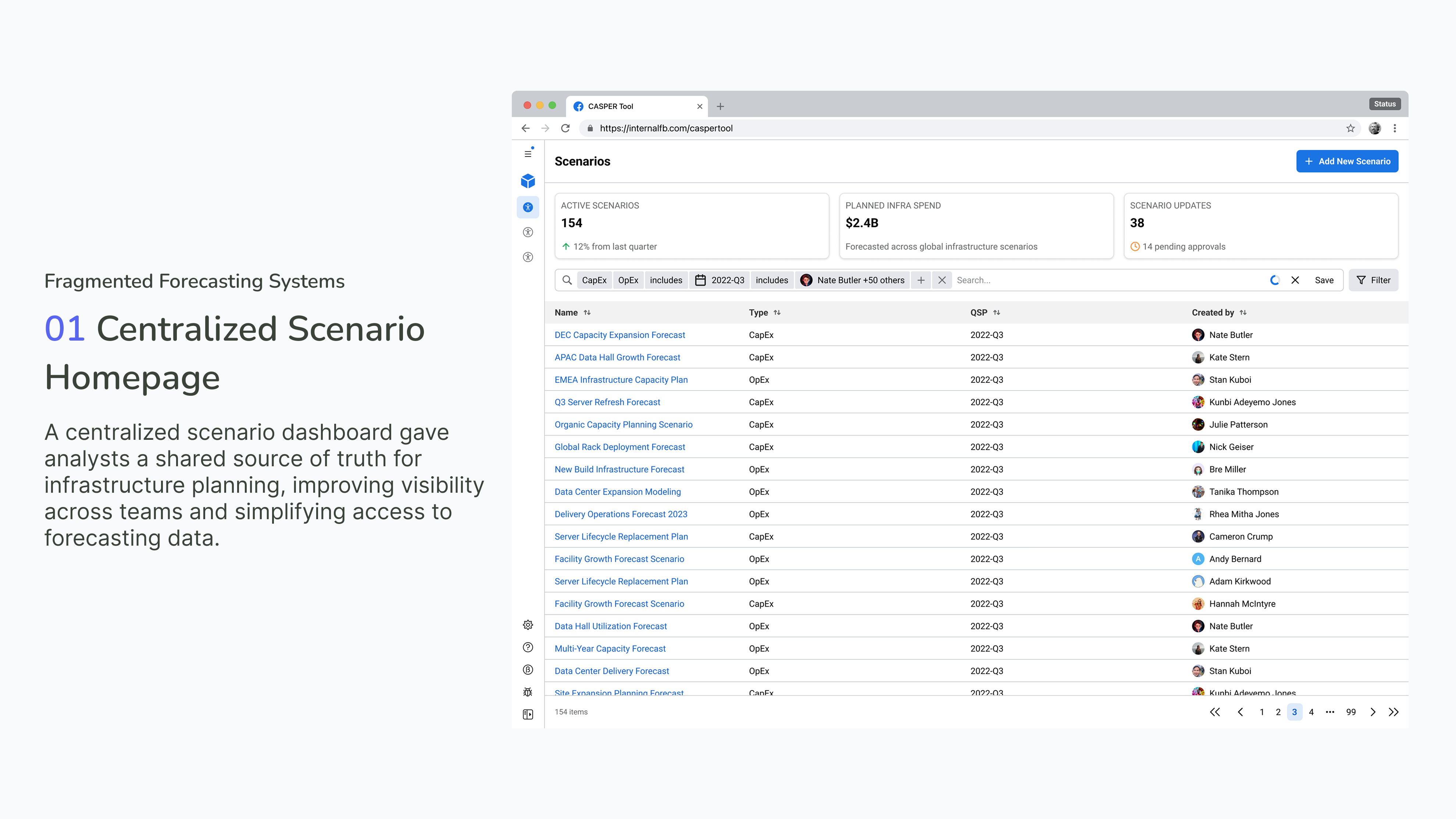 Centralized Scenario Homepage — CASPER scenarios dashboard with active scenario count, planned infra spend, and scenario updates plus a filterable list of forecasting scenarios.