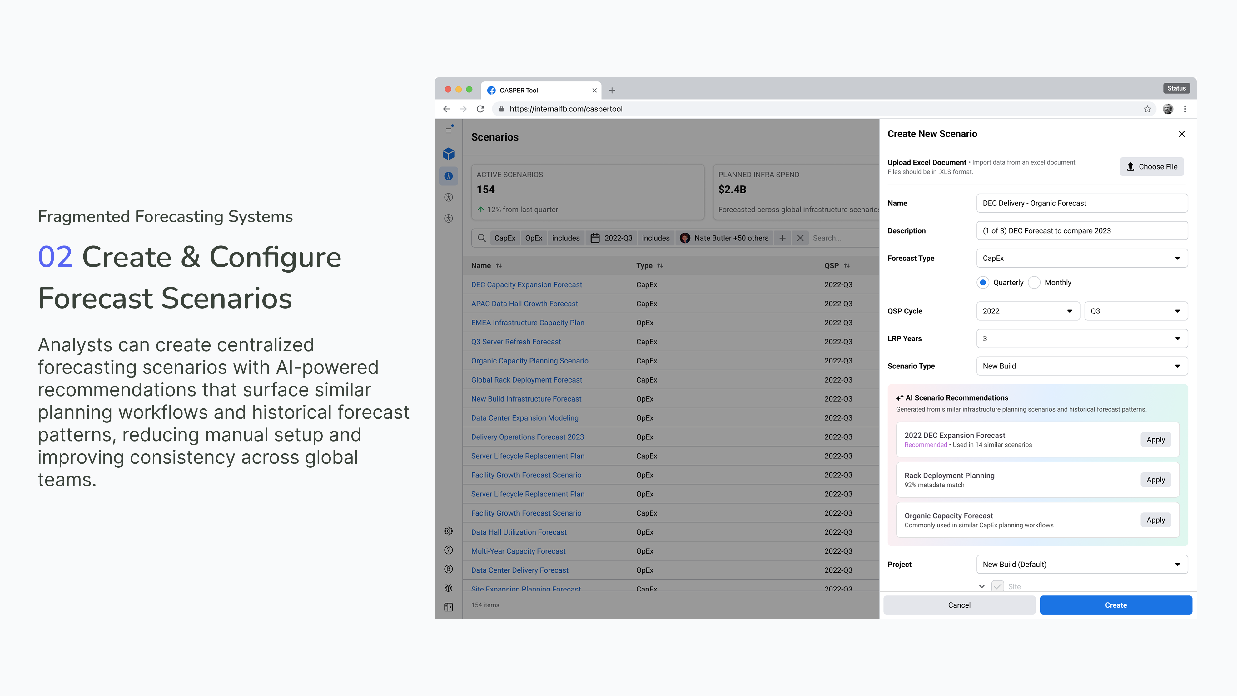02 Create & Configure Forecast Scenarios — side panel with AI scenario recommendations and forecast type, QSP cycle, LRP years, and scenario type controls.