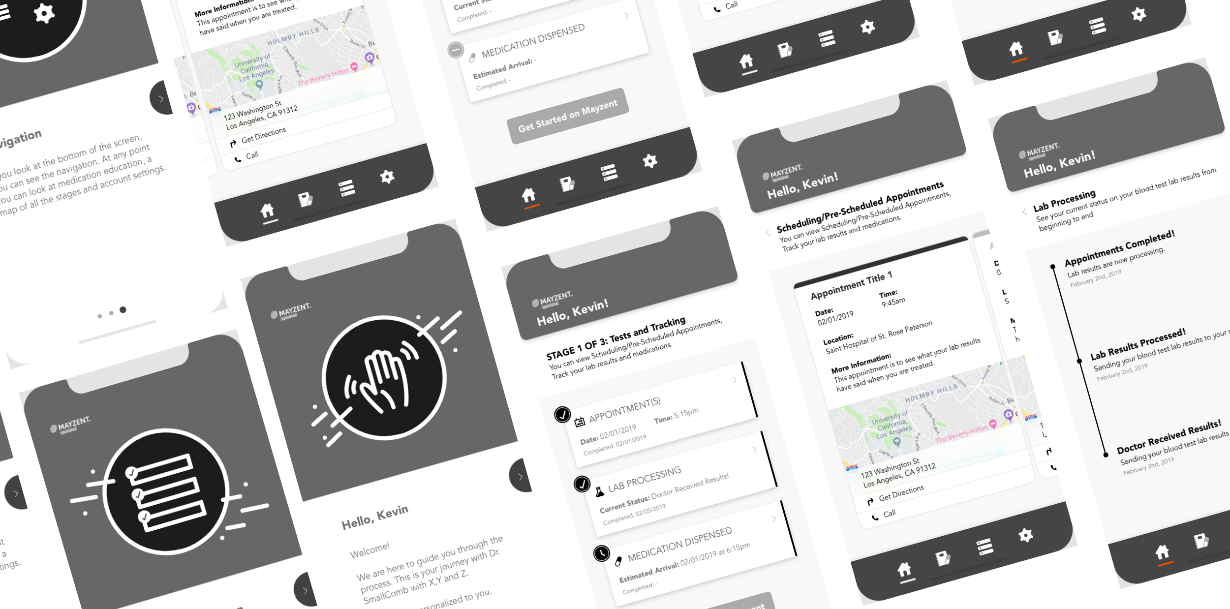 Low-fidelity wireframes for the Mayzent patient app, shown as tilted screen mockups covering onboarding, welcome, navigation guidance, appointment details with maps, lab processing status, and medication dispensing tracking.